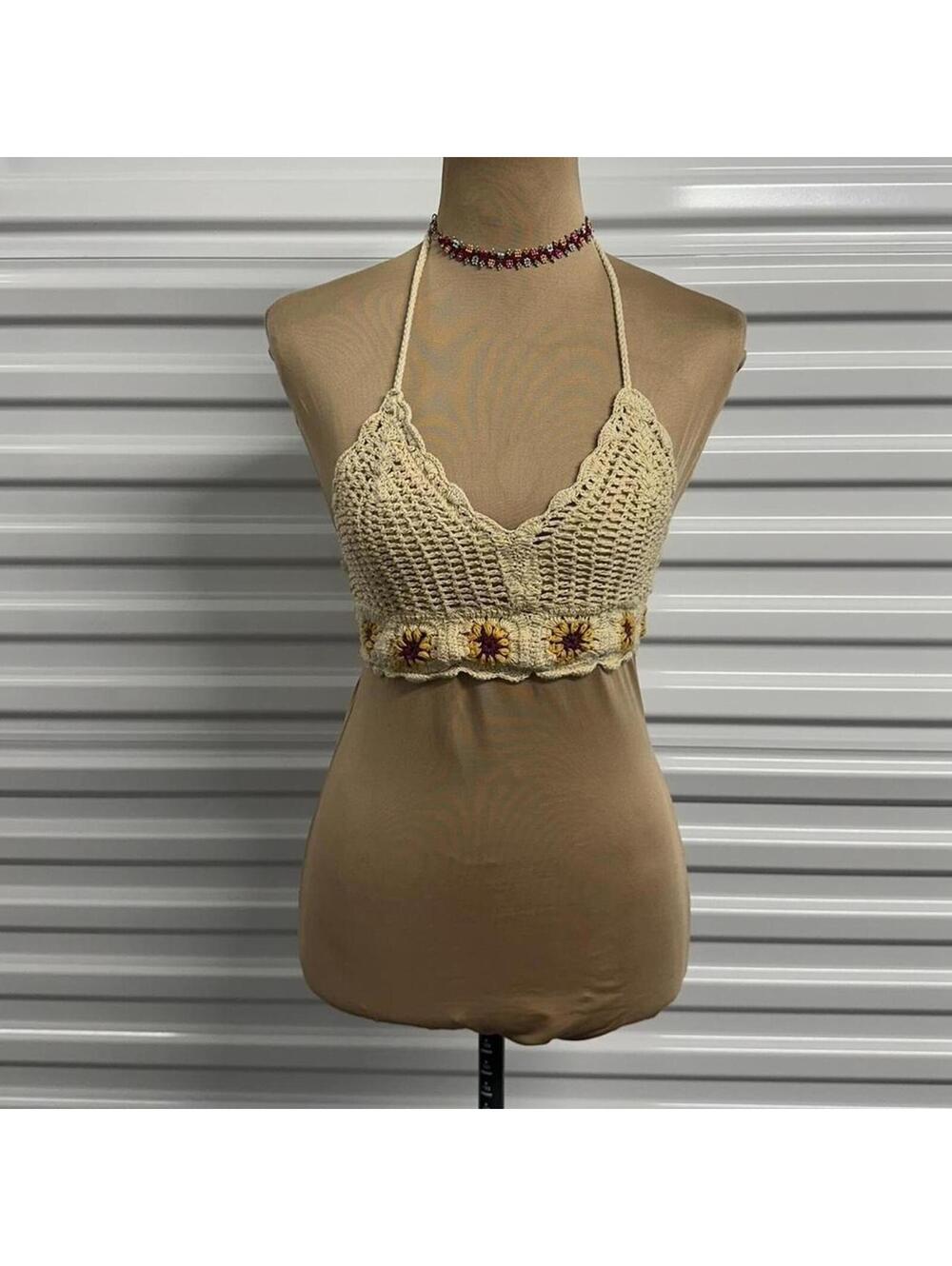 Women's Cream and Tan Crop-top